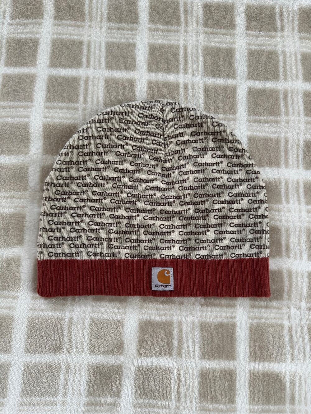 Carhartt WIP Script Allover Logo Knit Beanie Hat Brick Orange Cream 100% Acrylic